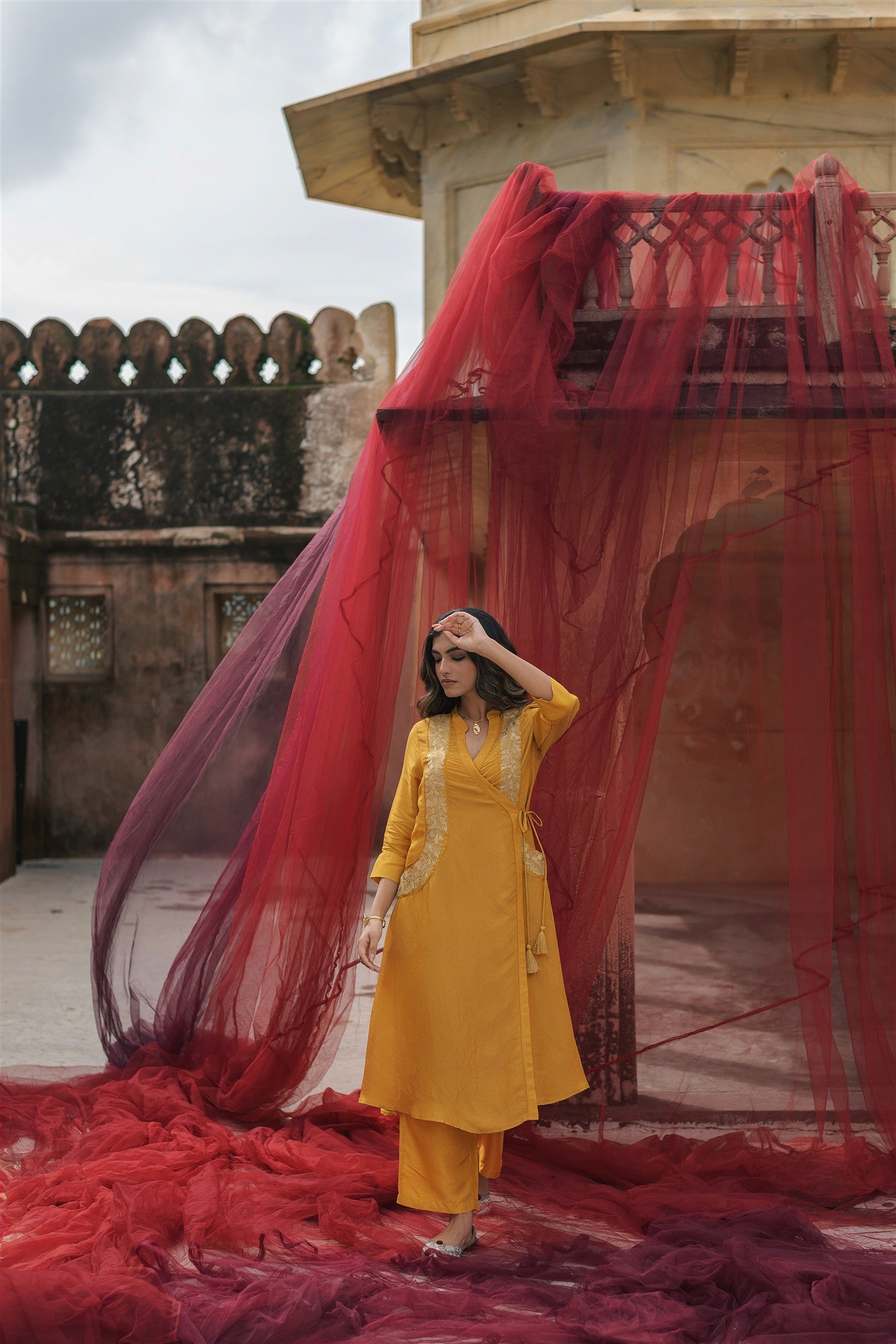 Saba Set - Ochre Embroidery Tissue Zari Tassels Regular Fit Kurta Palazzo With Dupatta