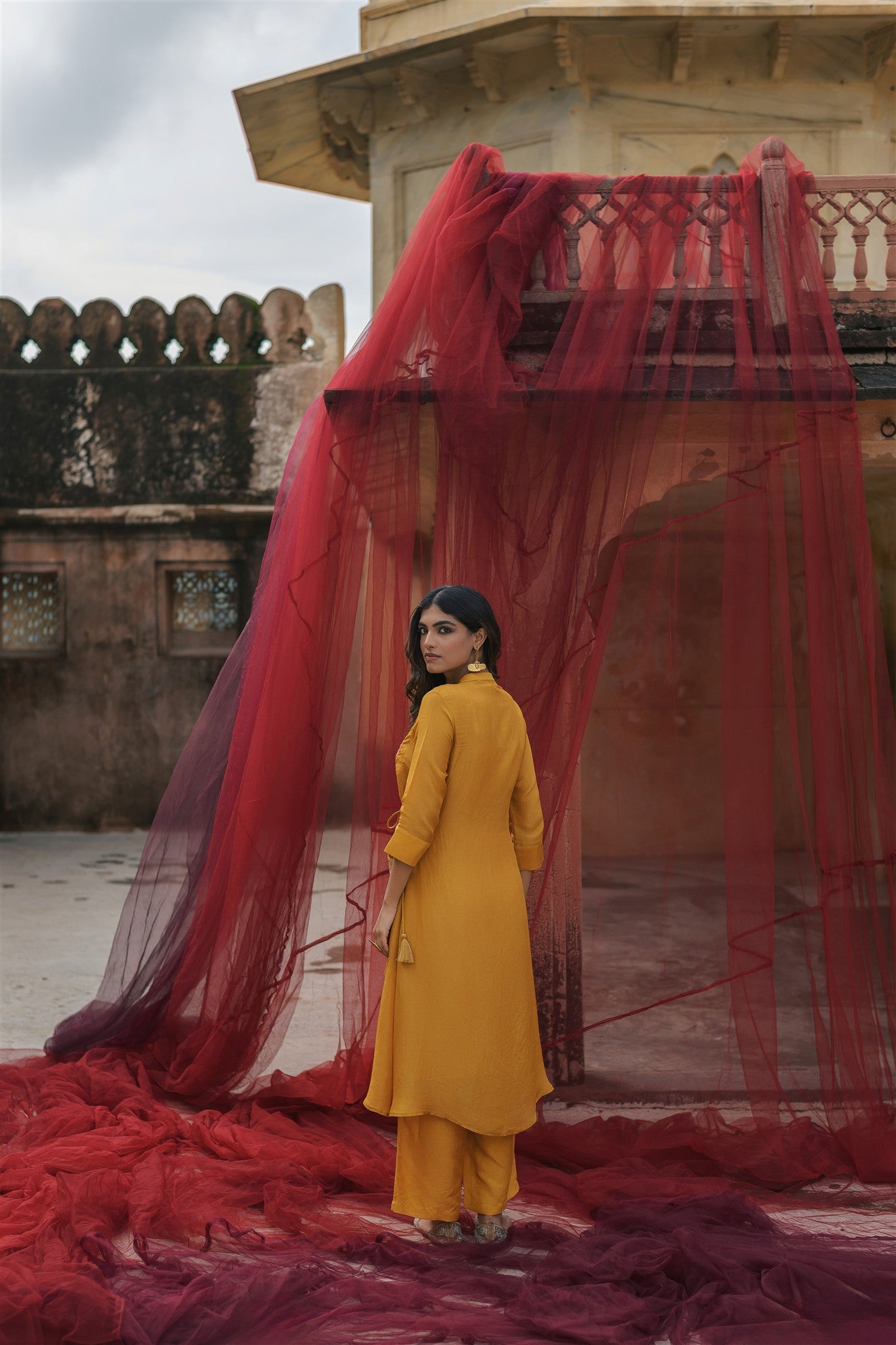 Saba Set - Ochre Embroidery Tissue Zari Tassels Regular Fit Kurta Palazzo With Dupatta