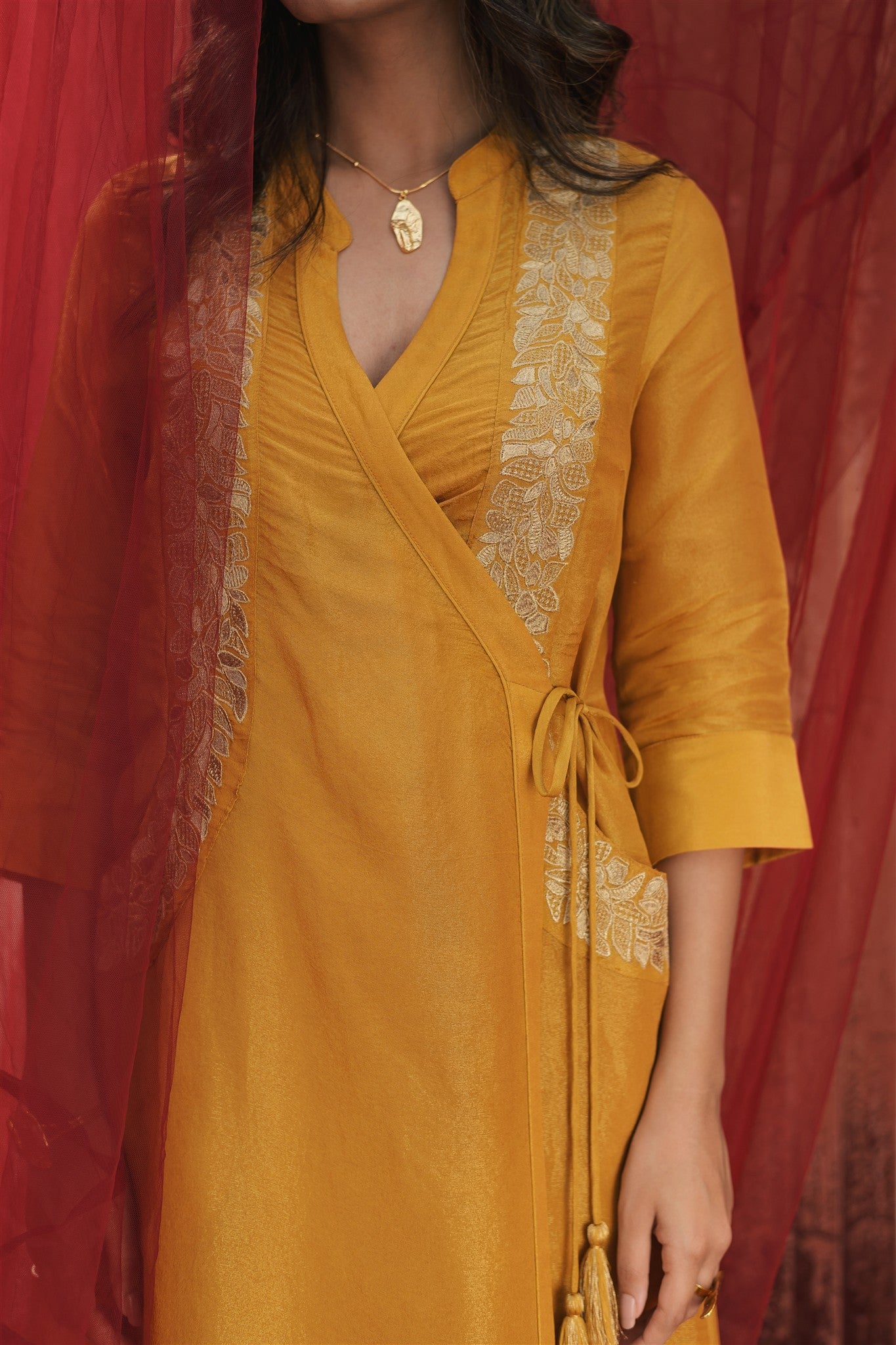 Saba Set - Ochre Embroidery Tissue Zari Tassels Regular Fit Kurta Palazzo With Dupatta