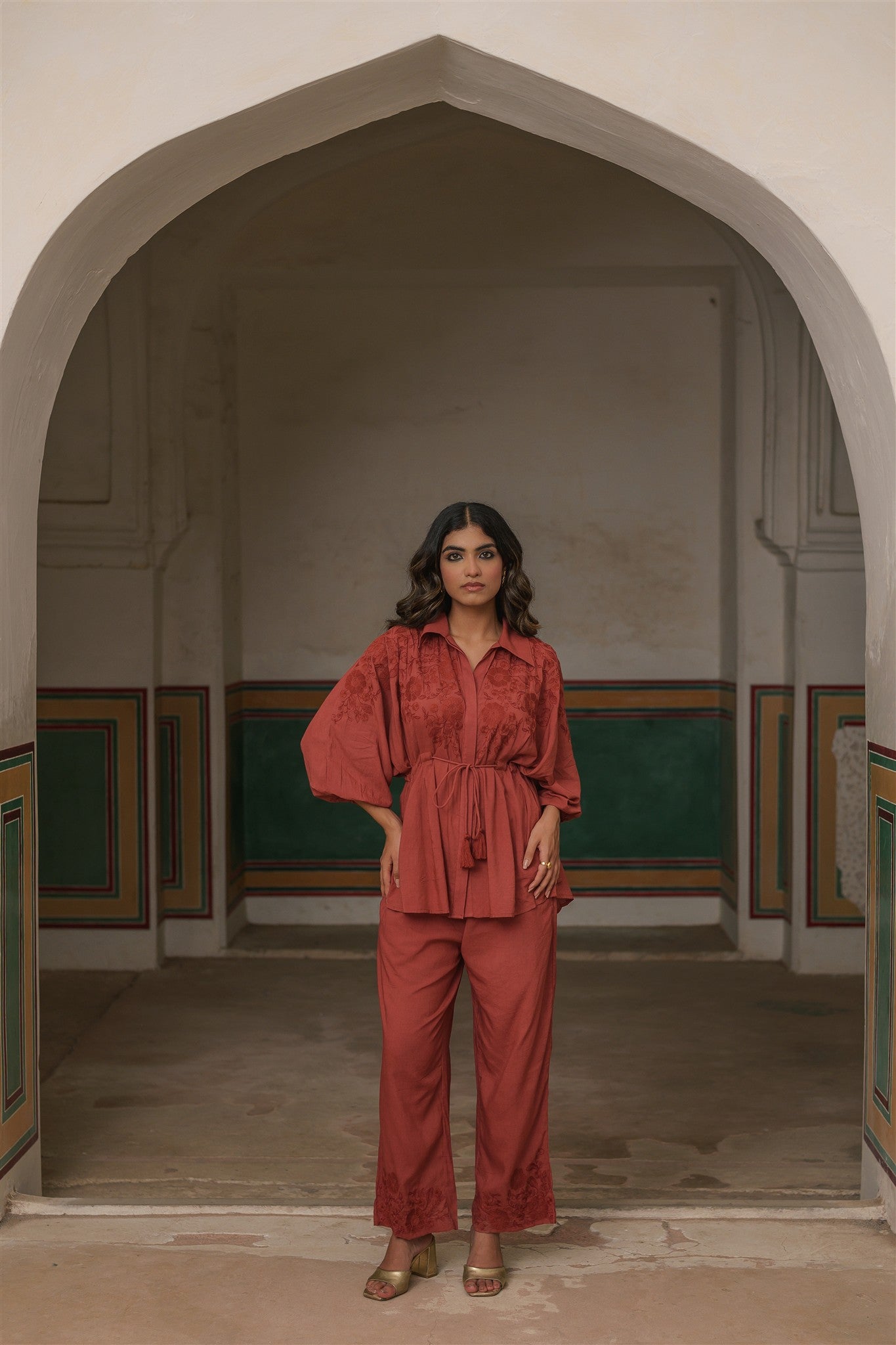 Saanvi Set - Burgundy Embroidery Cotton Modal Straight Tassels Top & Pant