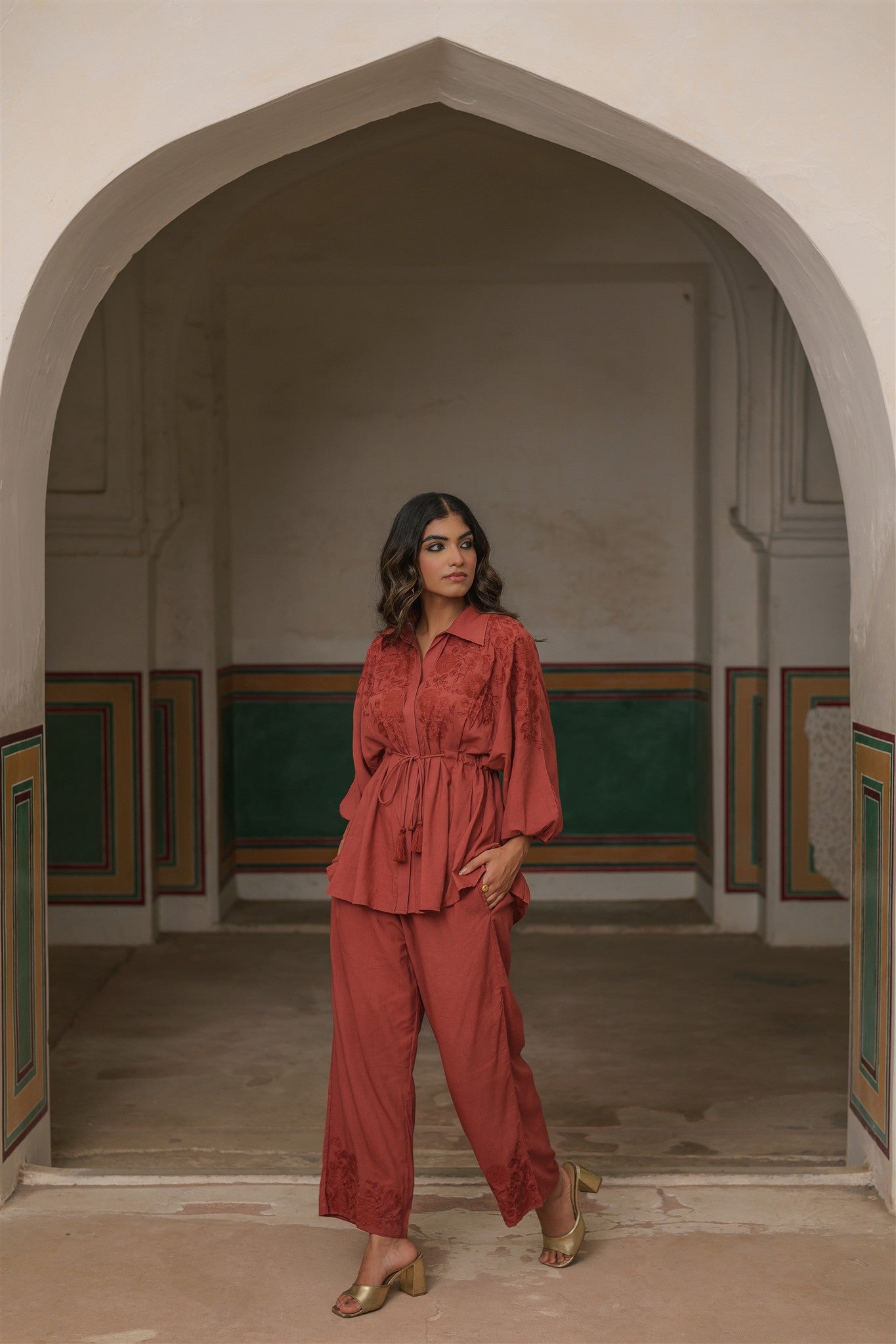 Saanvi Set - Burgundy Embroidery Cotton Modal Straight Tassels Top & Pant