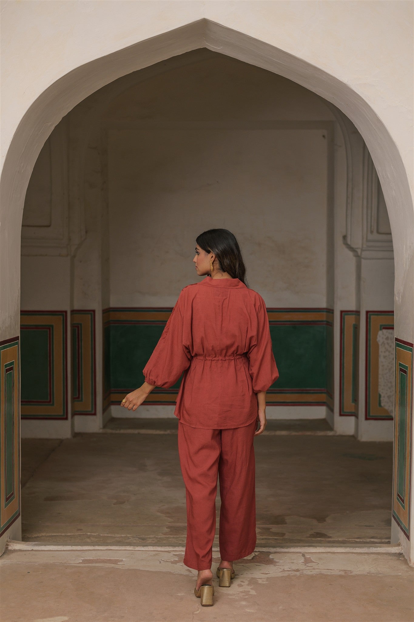 Saanvi Set - Burgundy Embroidery Cotton Modal Straight Tassels Top & Pant