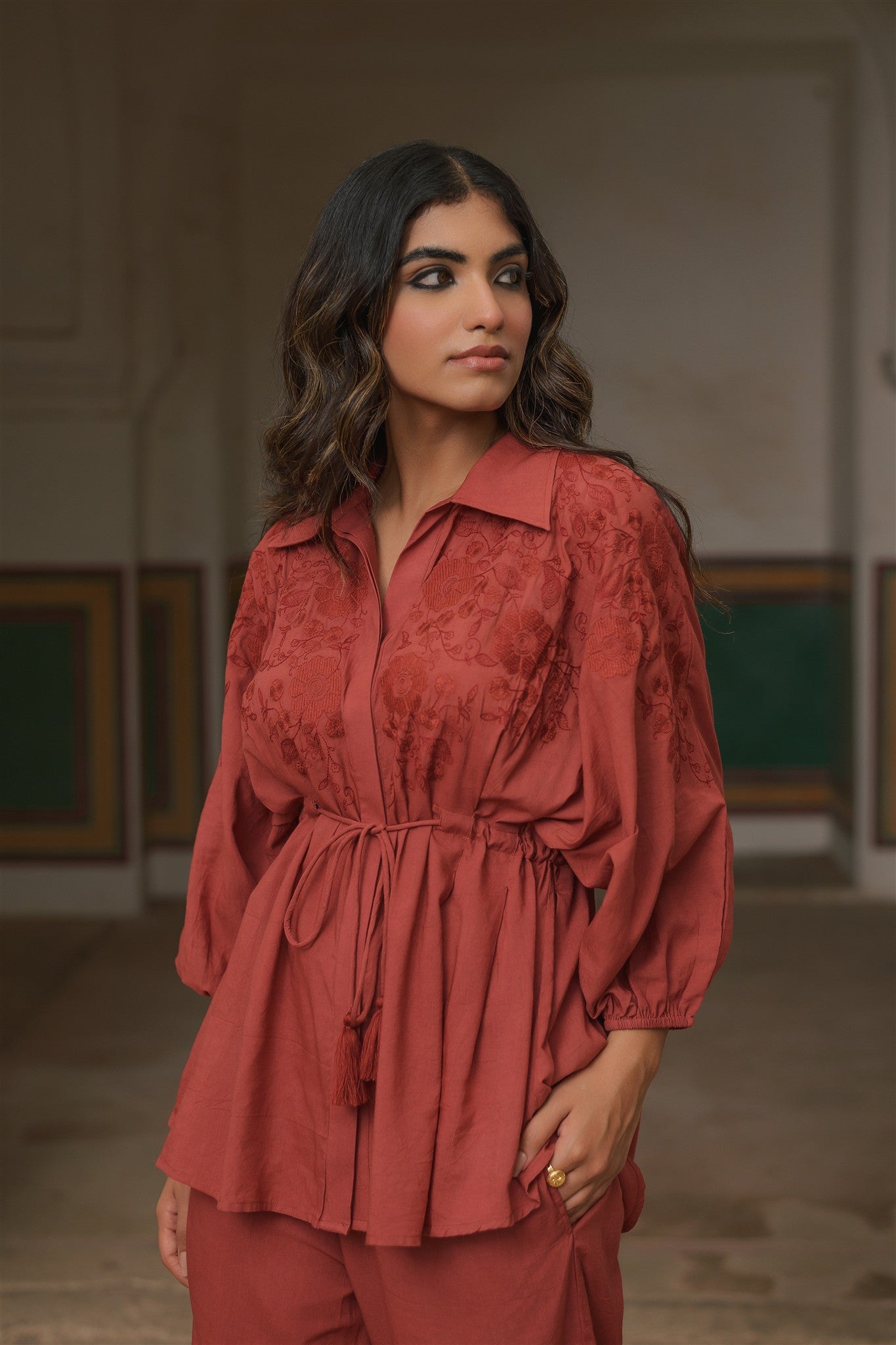 Saanvi Set - Burgundy Embroidery Cotton Modal Straight Tassels Top & Pant