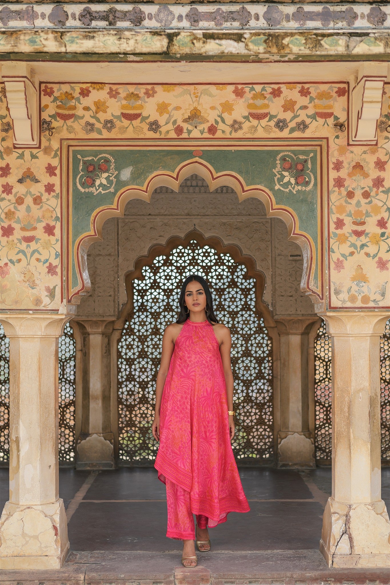 Imli Set - Pink Print Silk Blend Asymmetrical Hand Kantha Kurta & Pant