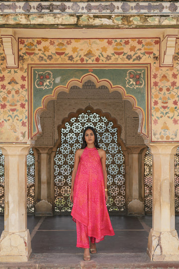 Imli Set - Pink Print Silk Blend Asymmetrical Hand Kantha Kurta & Pant