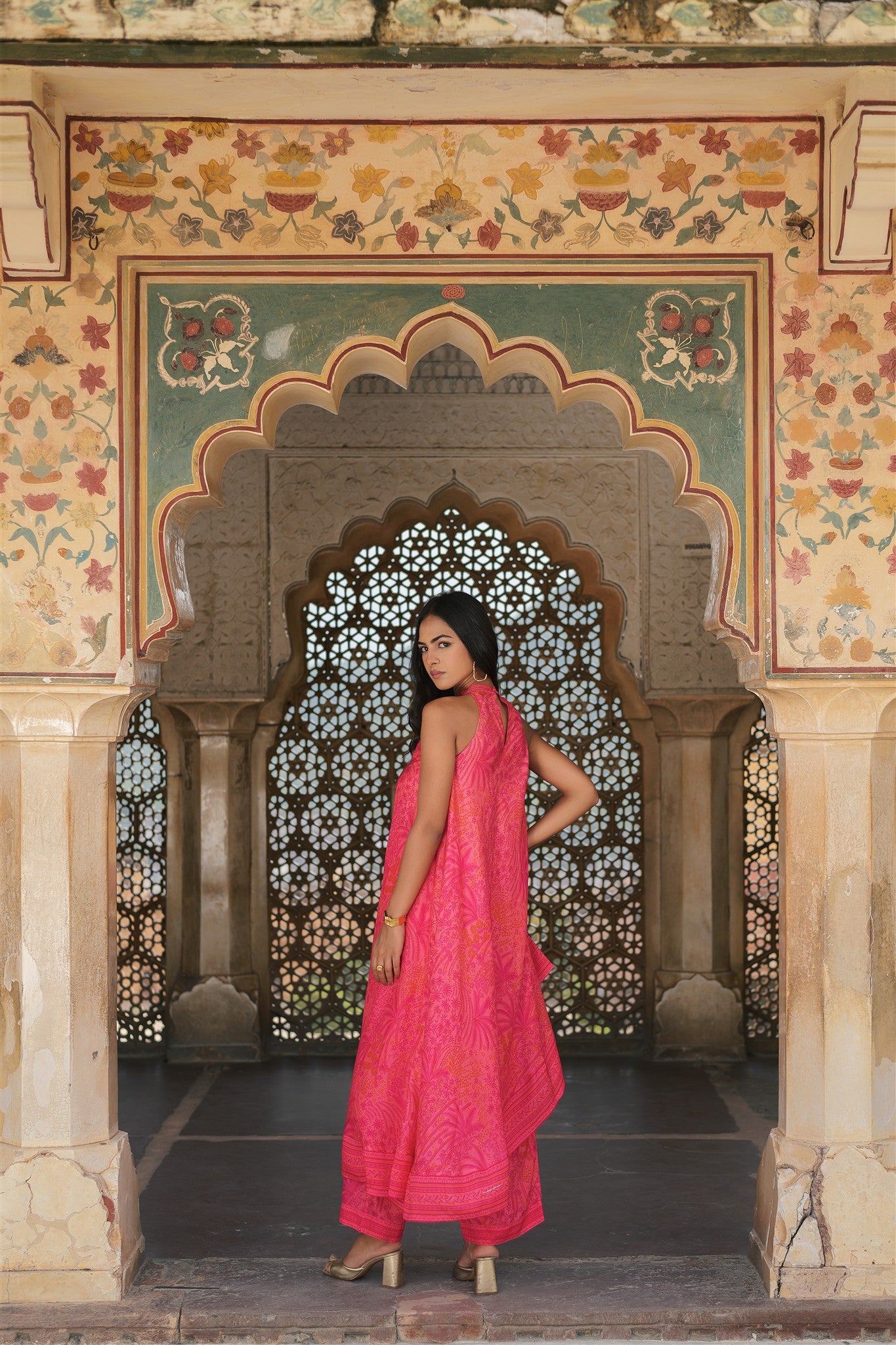 Imli Set - Pink Print Silk Blend Asymmetrical Hand Kantha Kurta & Pant