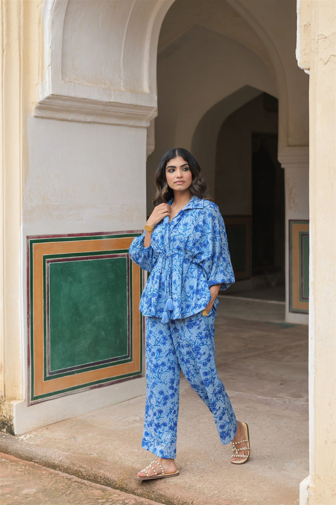 Azure Set-Blue Printed Schiffli Straight Co-ord Set