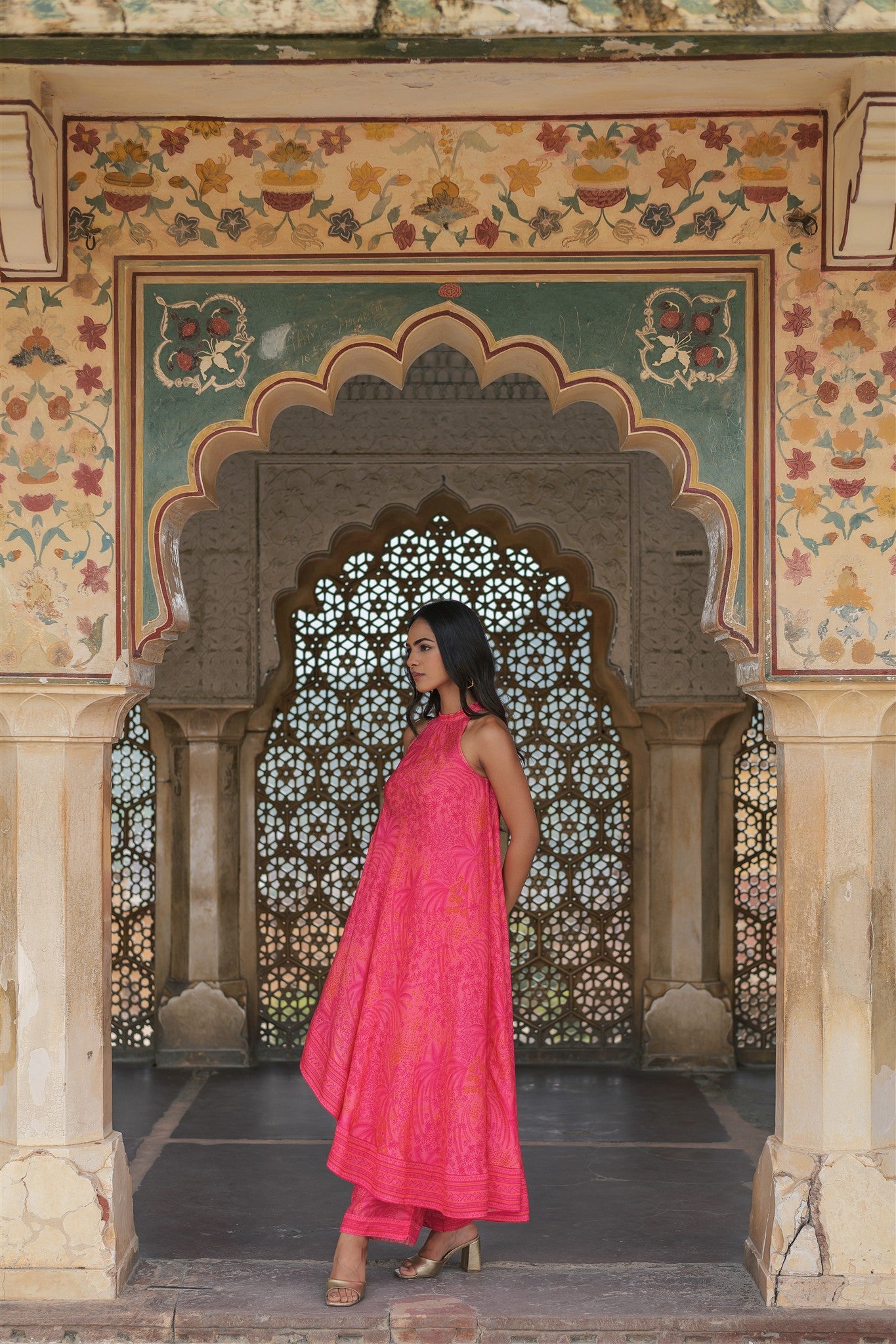 Imli Set - Pink Print Silk Blend Asymmetrical Hand Kantha Kurta & Pant