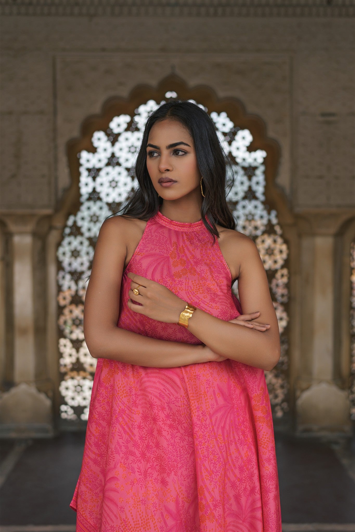 Imli Set - Pink Print Silk Blend Asymmetrical Hand Kantha Kurta & Pant