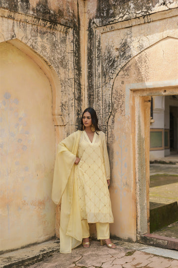 Laila Set - Light Yellow Embroidery Pure Cotton Lace Regular Fit Kurta Palazzo With Dupatta