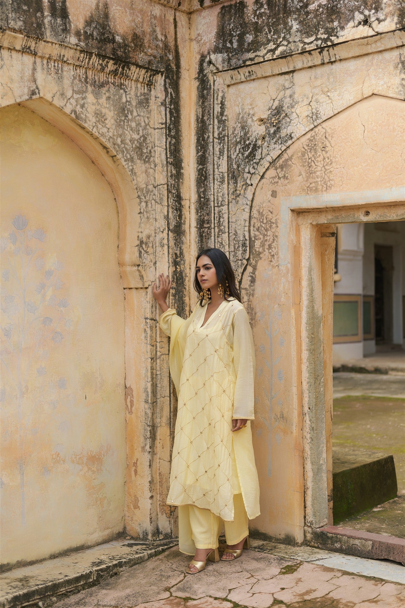 Laila Set - Light Yellow Embroidery Pure Cotton Lace Regular Fit Kurta Palazzo With Dupatta