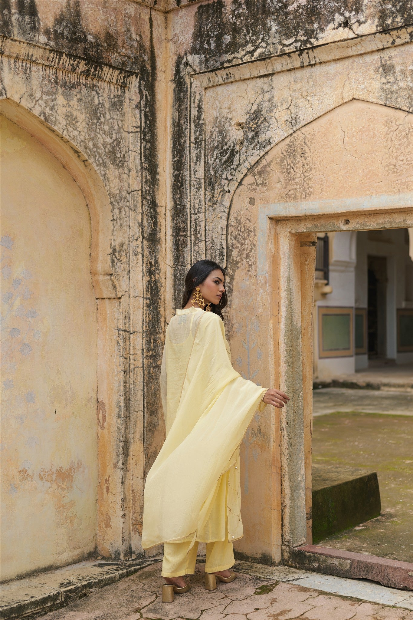 Laila Set - Light Yellow Embroidery Pure Cotton Lace Regular Fit Kurta Palazzo With Dupatta
