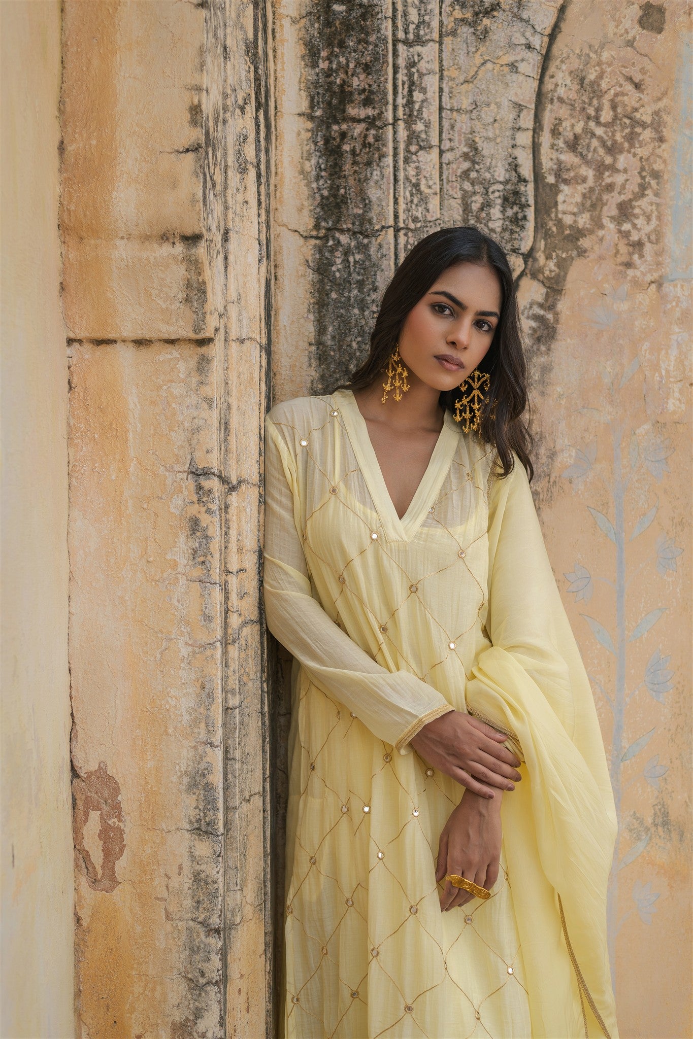 Laila Set - Light Yellow Embroidery Pure Cotton Lace Regular Fit Kurta Palazzo With Dupatta