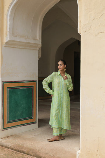 Vaanya Set - Light Green Print Silk Blend Relaxed Fit Fabric Buttons Kurta & Pant