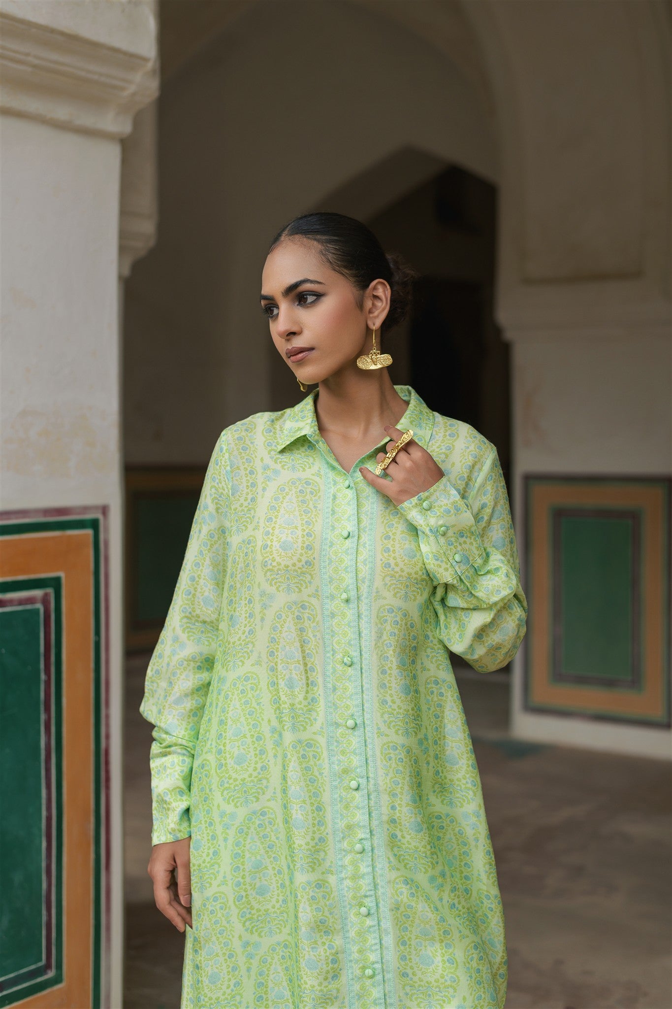 Vaanya Set - Light Green Print Silk Blend Relaxed Fit Fabric Buttons Kurta & Pant