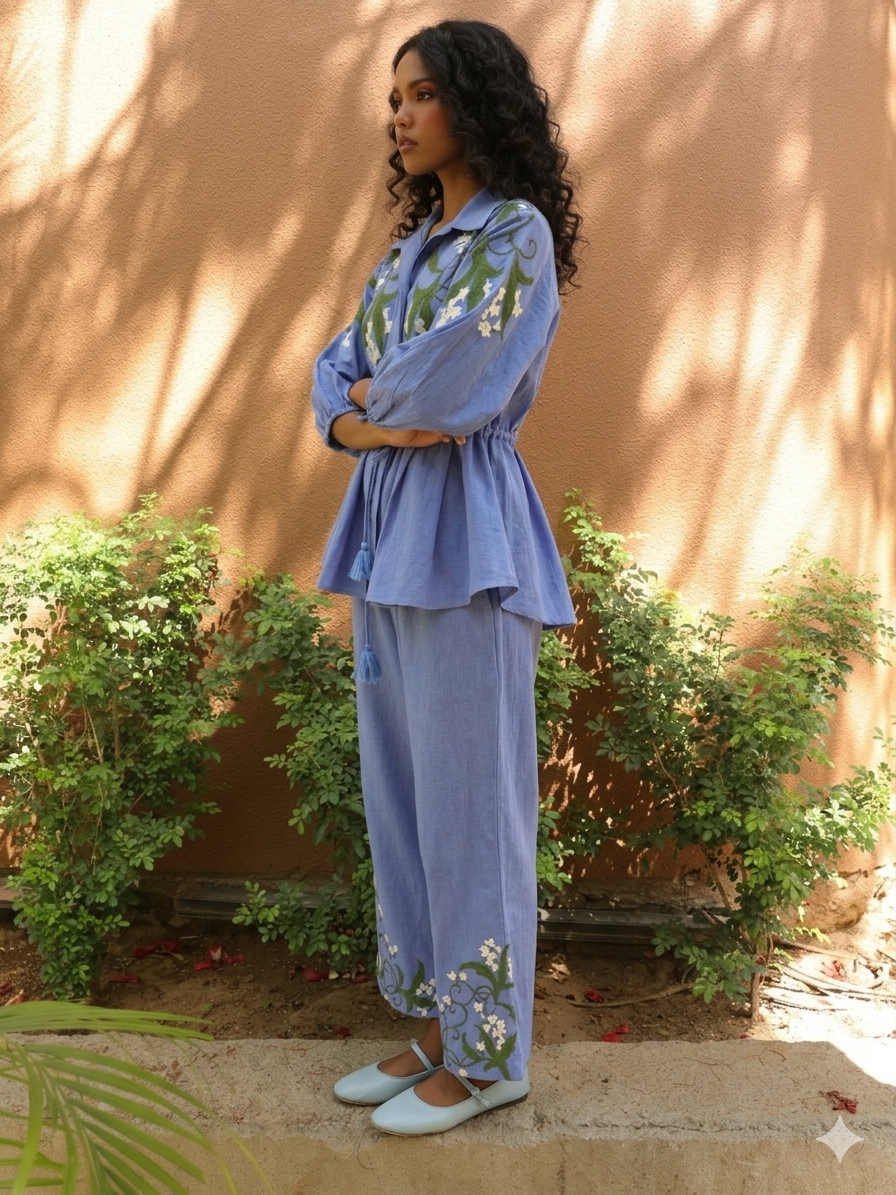 Lily Set-Blue Cotton Linen Floral Print Coord Set
