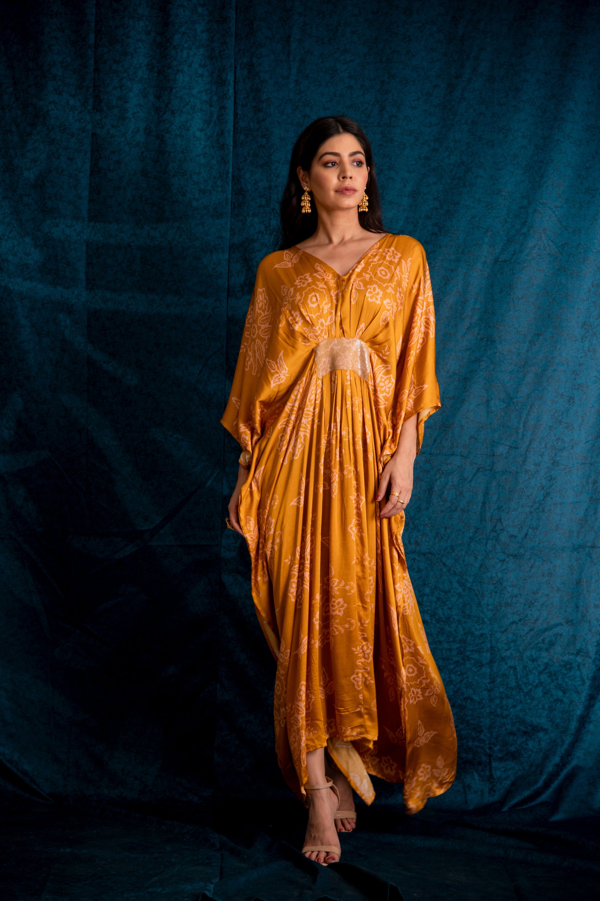 satin kaftan dress Summer for Women DETAIL * Bust/ Waist/ Hips Circumference 82 in Mustard Embroidered Satin Kaftan Dress