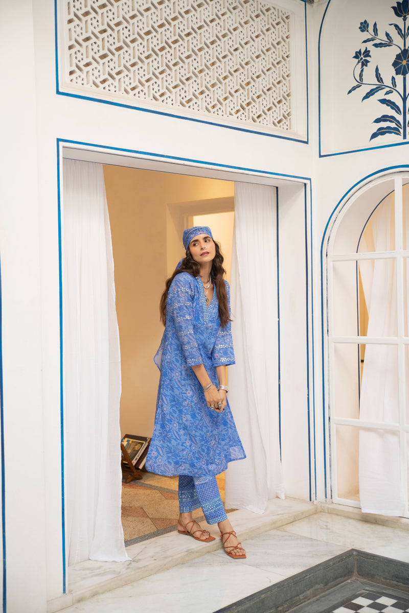 Noor Floral Kurta Set in Blue