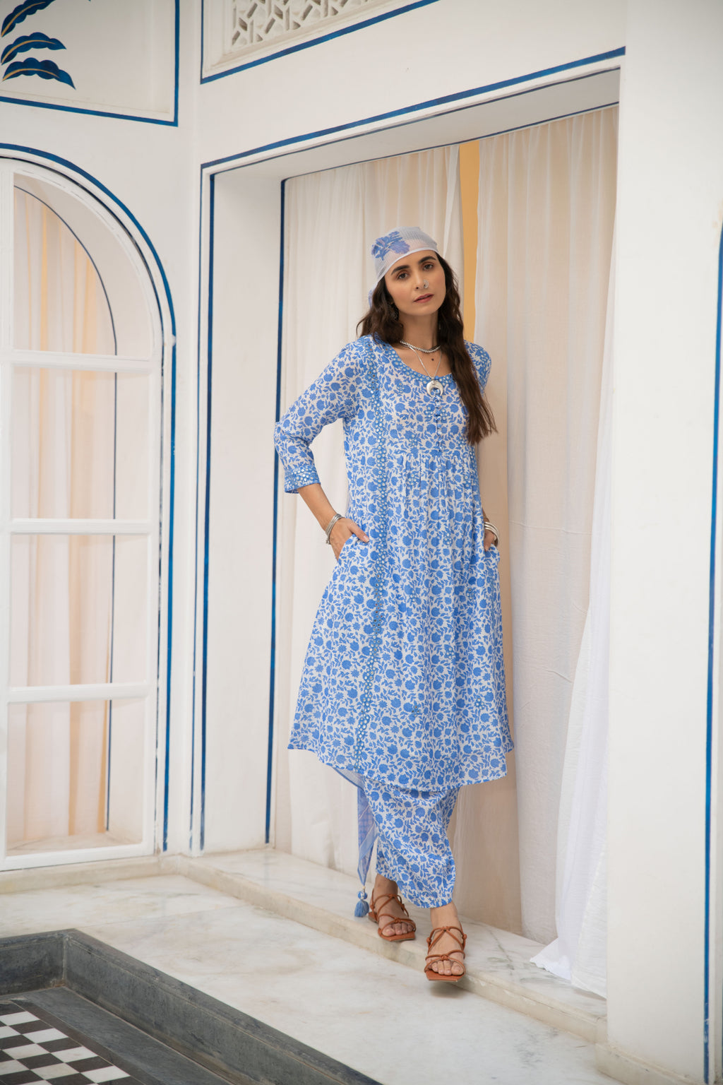 Noor Floral Kurti Salwar Set in Blue