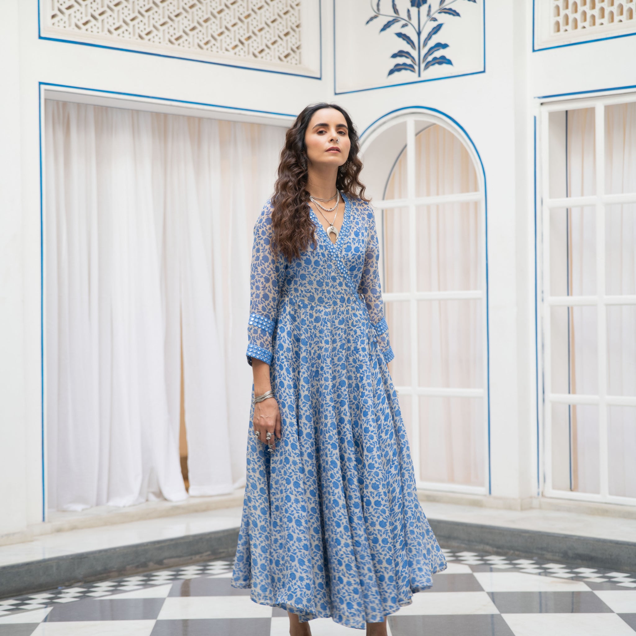 Gauri Blue Floral Embroidered Organza Wrap Dress na-av Gauri Blue Floral Embroidered Organza Wrap Dress na-av