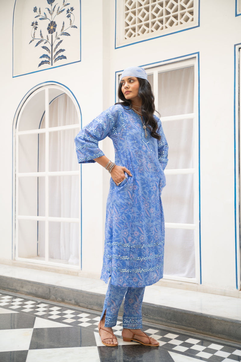 Noor Floral Kurta Set in Blue