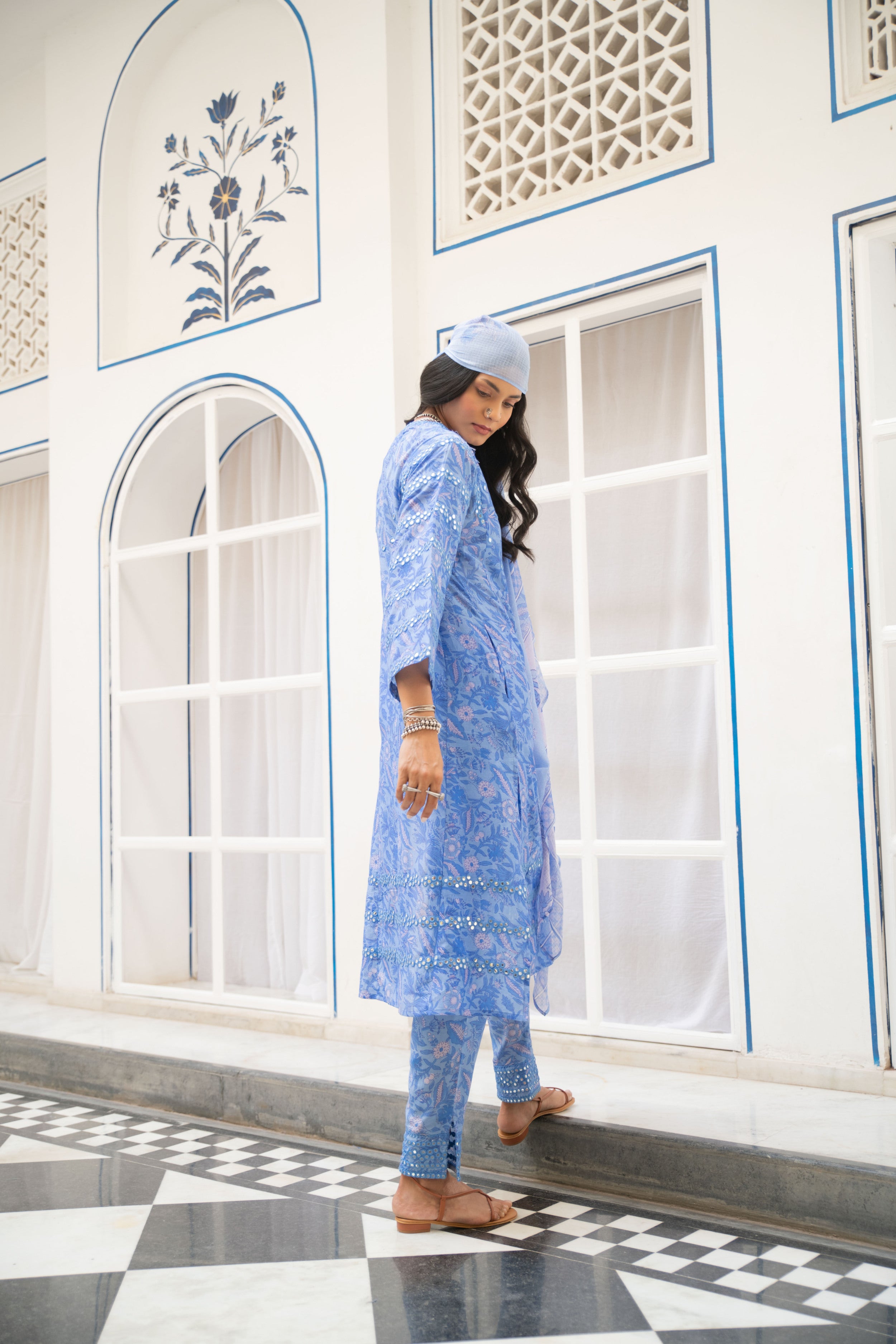 Noor Floral Kurta Set in Blue