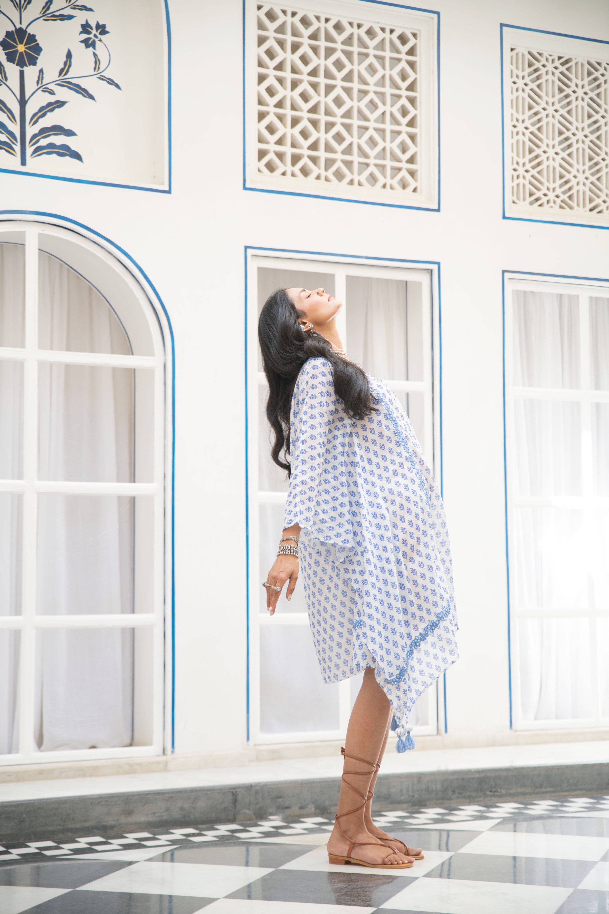 Noor Floral Embroidered Kaftan in Blue