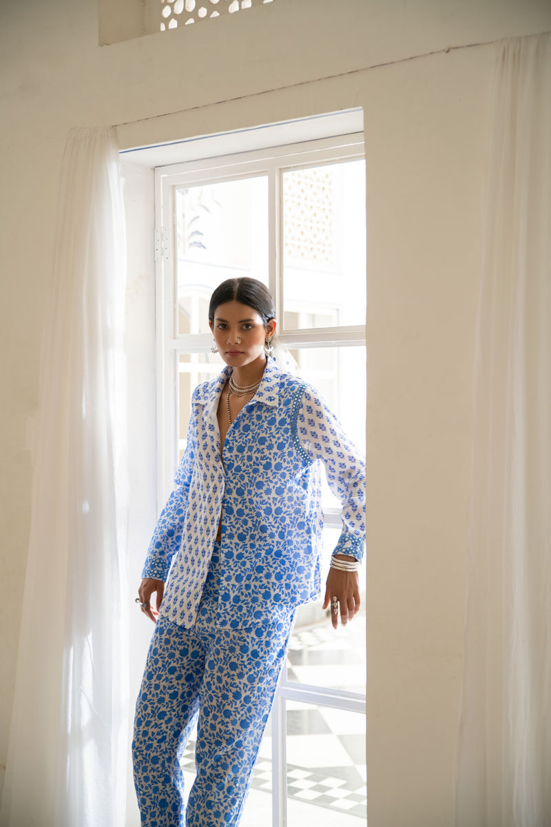 Noor Half Printed Shirt in Blue