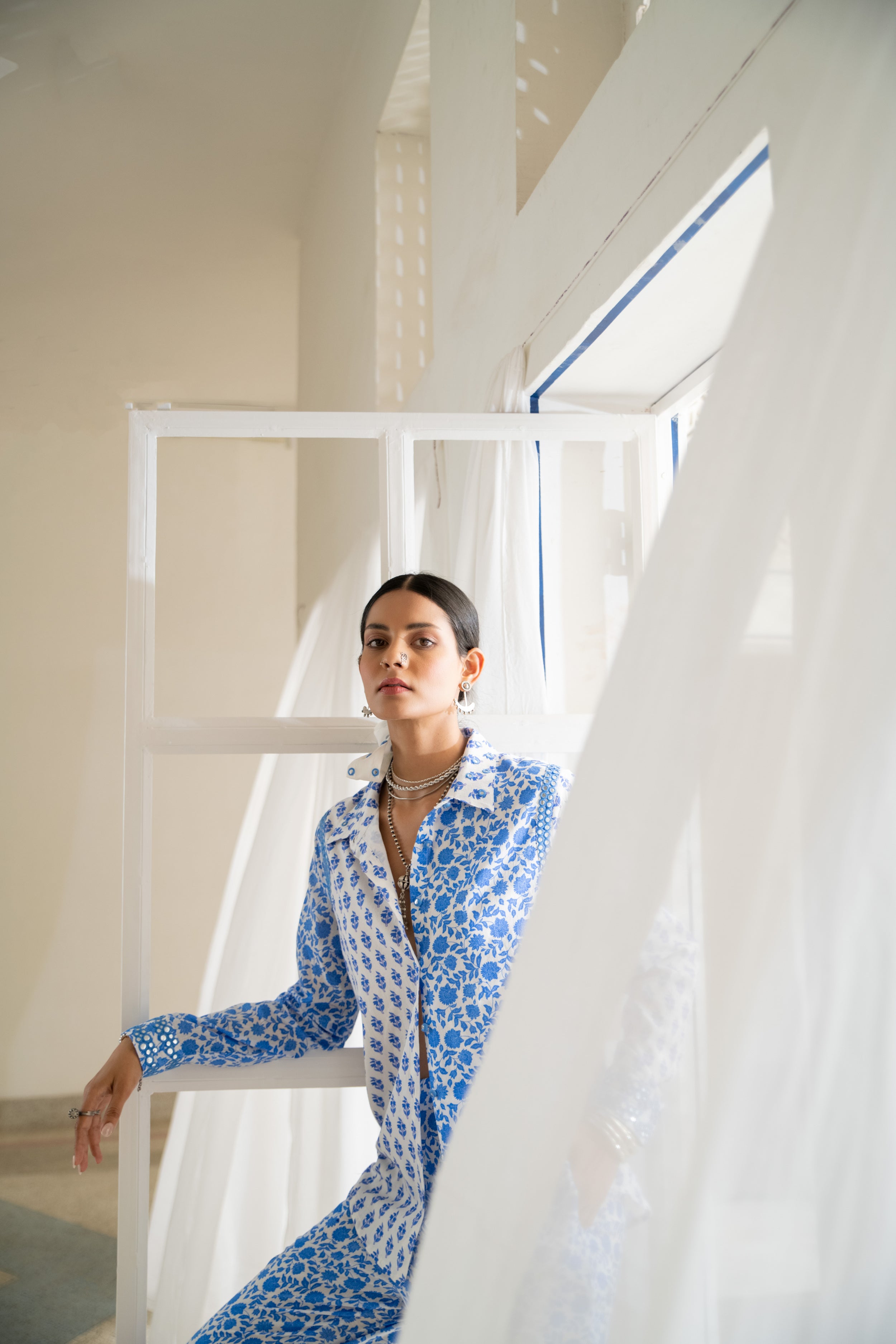 Noor Half Printed Shirt in Blue