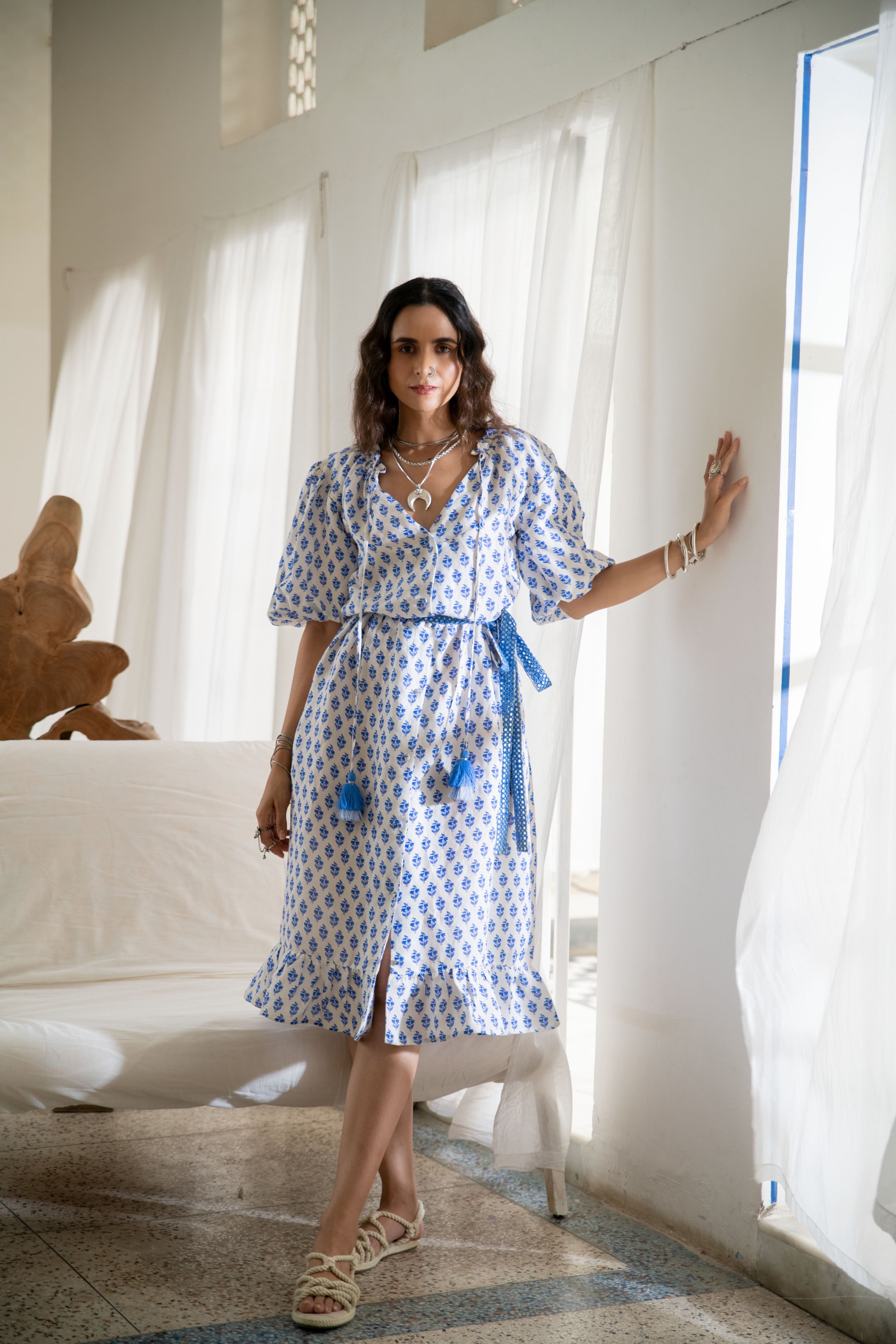 Noor Boho Button Dress in Blue