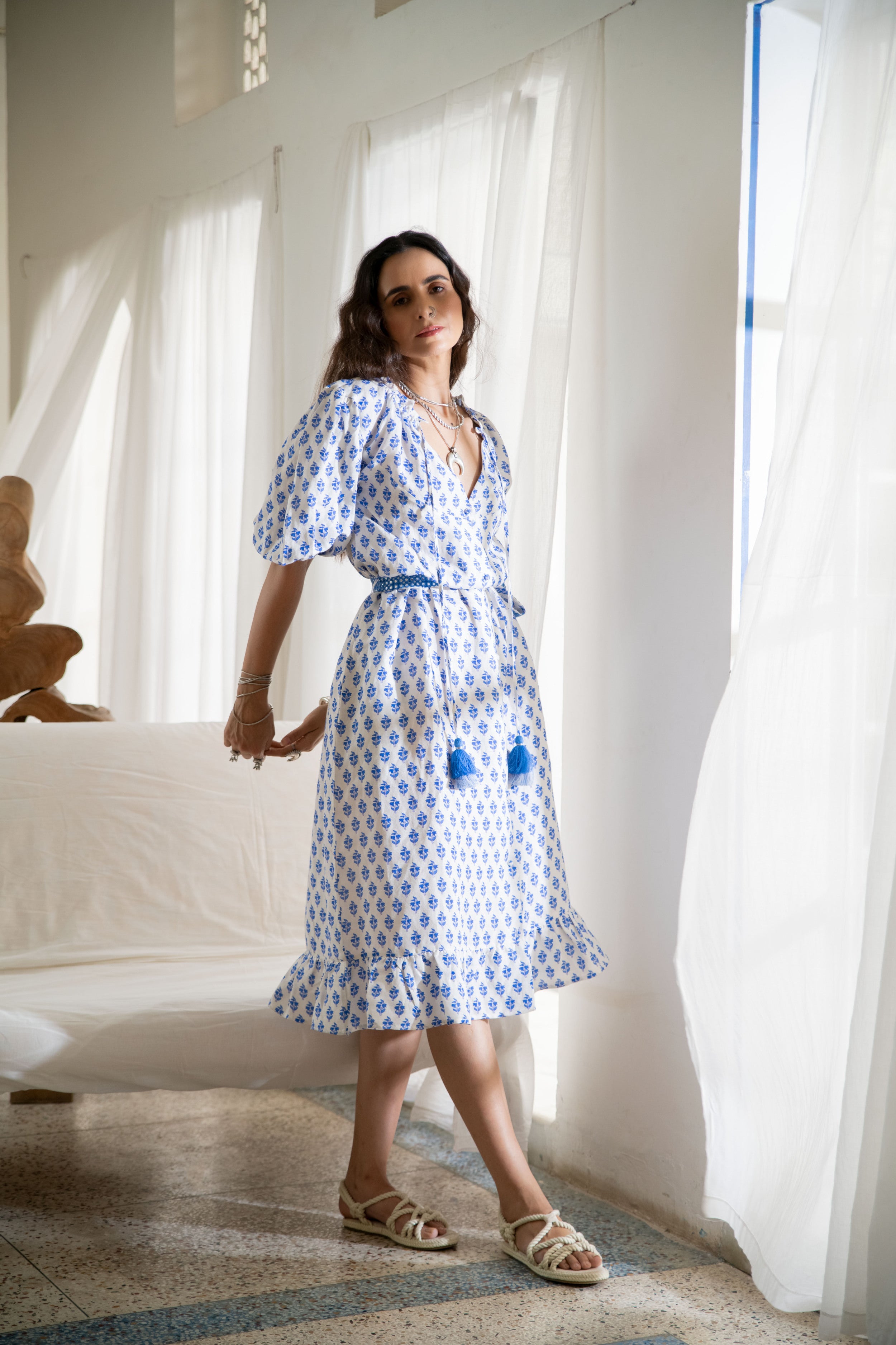 Noor Boho Button Dress in Blue