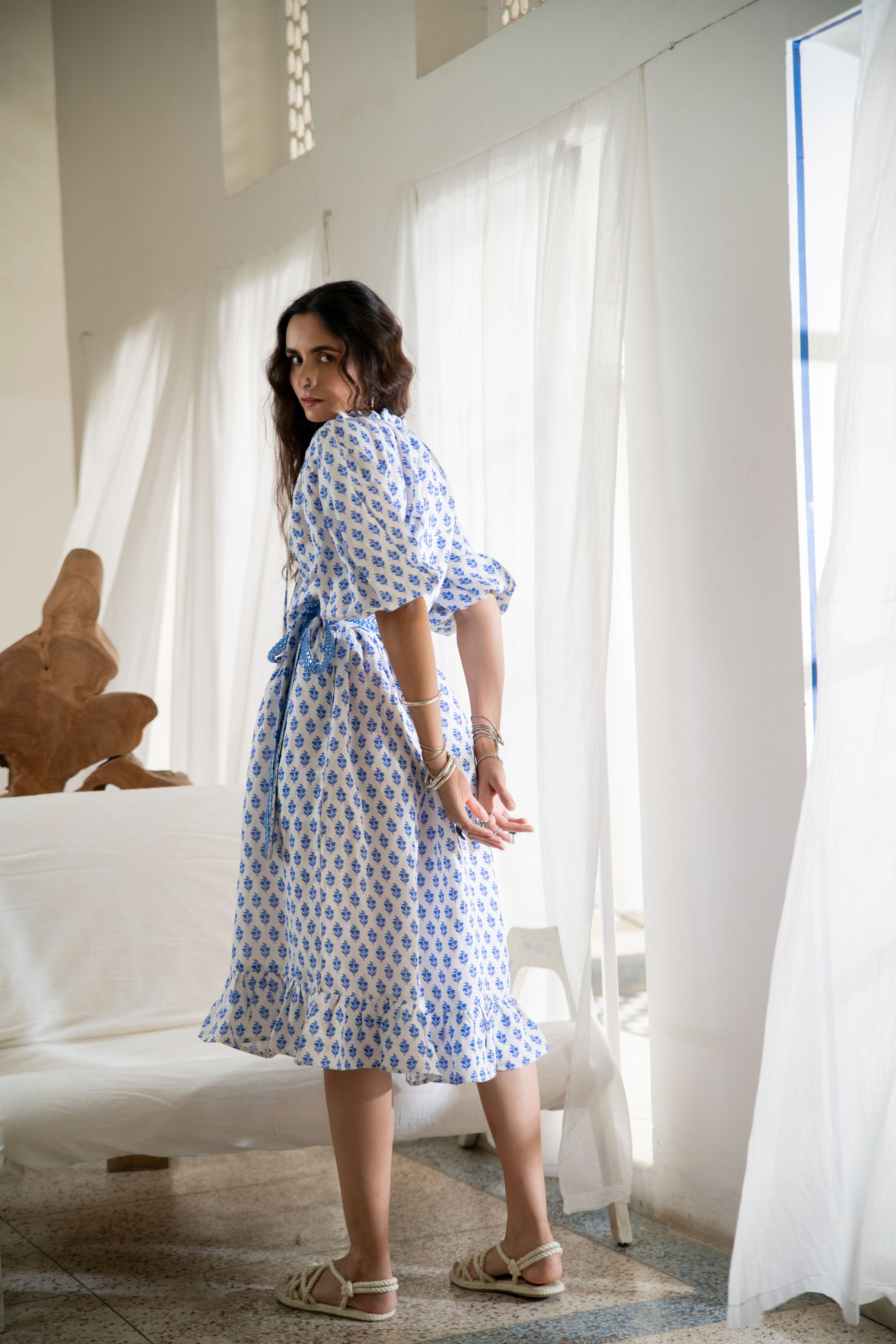 Noor Boho Button Dress in Blue