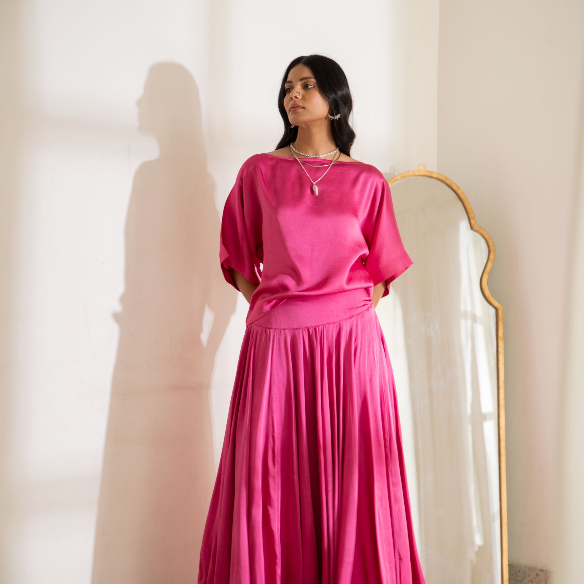 Noor Flowy Skirt Top Set in Pink