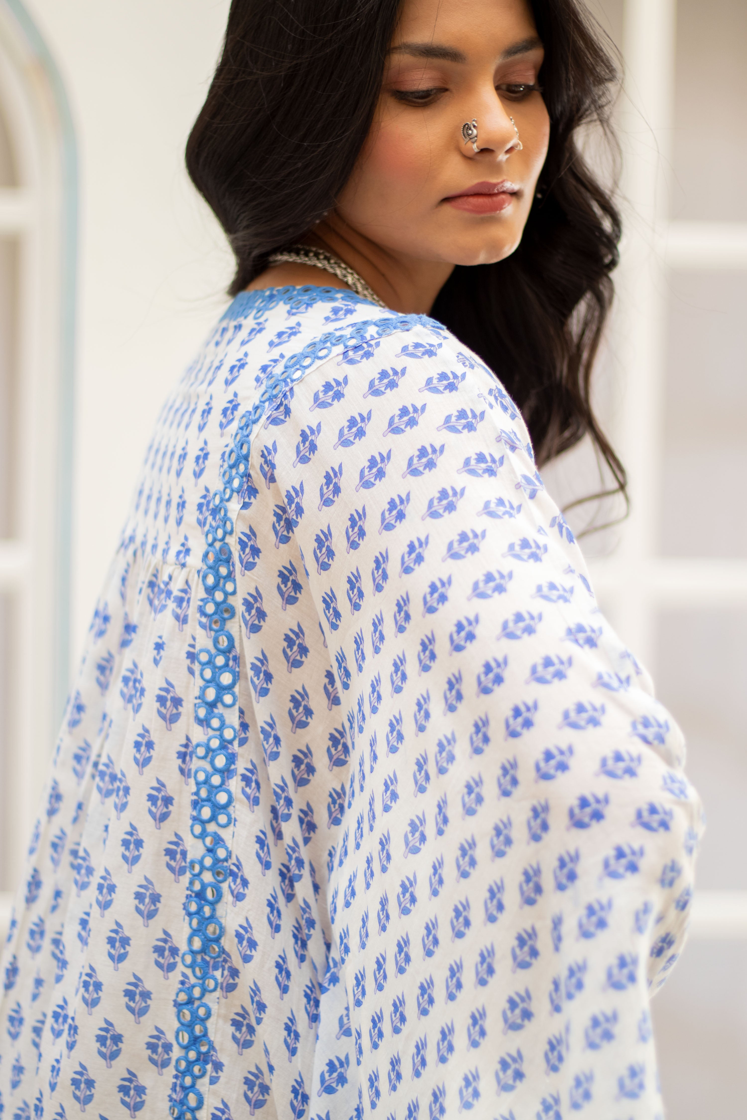 Noor Floral Embroidered Kaftan in Blue
